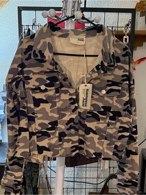 Savanna Jane Camo Jacket Rhinestone Fringe Back Small NWT Statement Piece